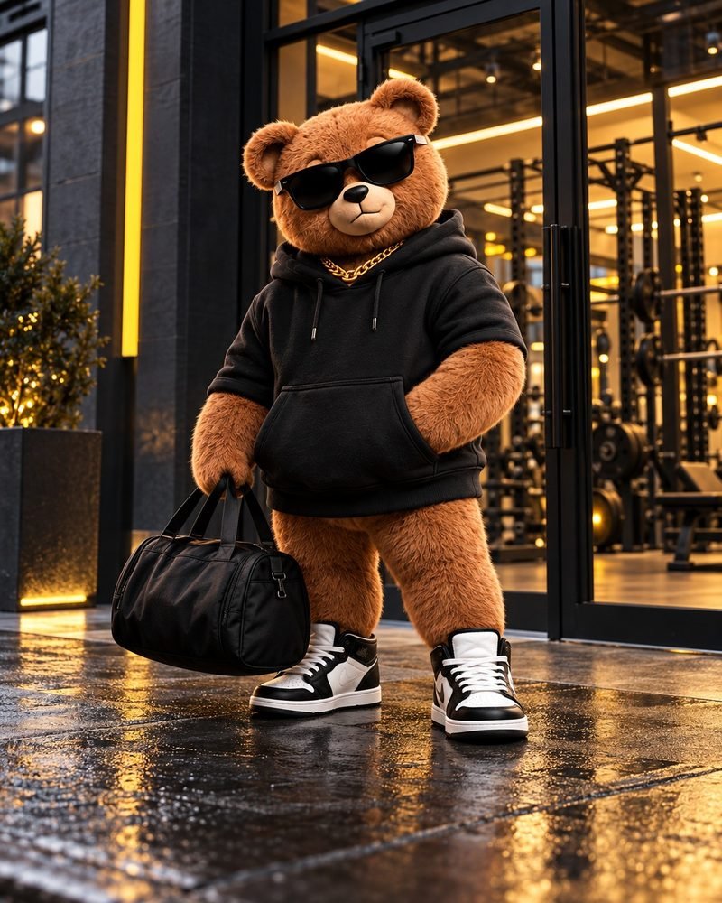 Teddy devant le gym, sac à la main