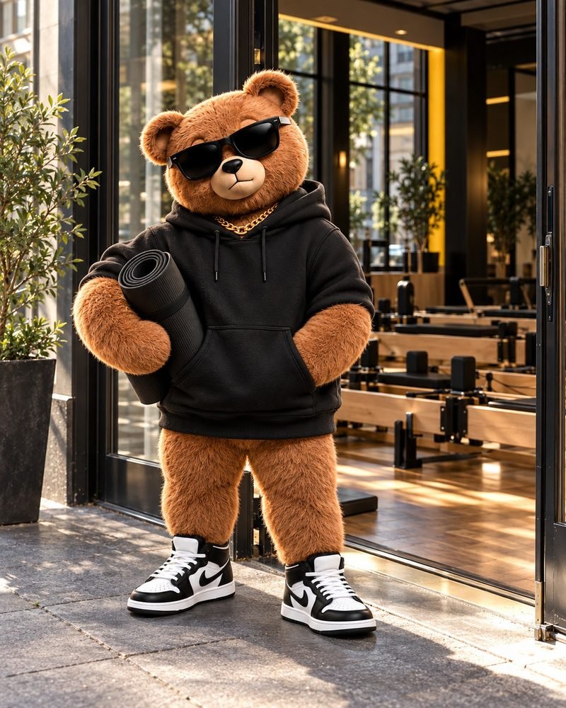 Teddy à l’entrée d’un studio Pilates